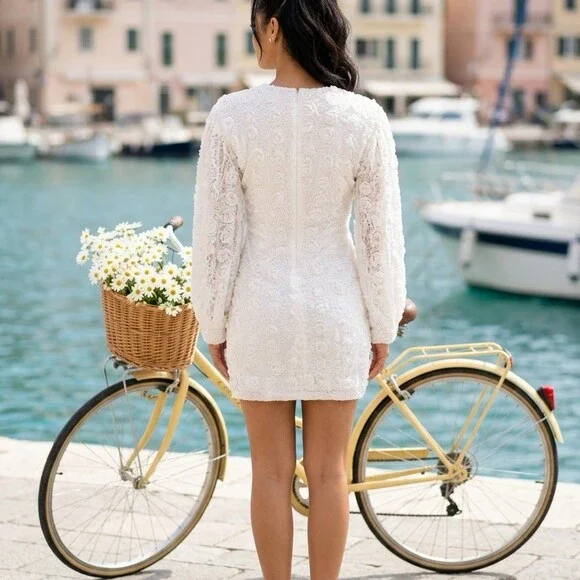 Just Me Dress Womens Size S White Floral Lace Mini Long Sleeve V-Neck Zip - Picture 2 of 7